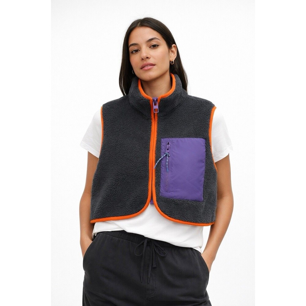 Zara Charcoal Sherpa Vest with Purple Pocket and Orange Trim